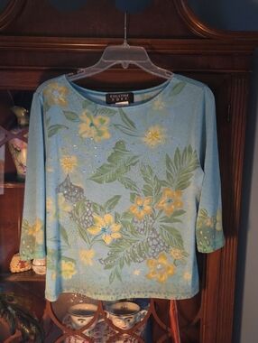 Christina Light Blue Floral Top w/ Yellow Blooms 3/4 Sleeves With Embellishments